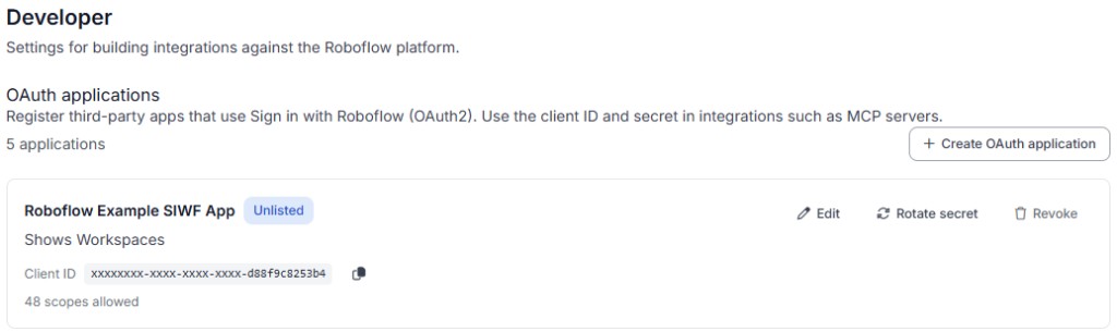 OAuth applications list on the Developer page