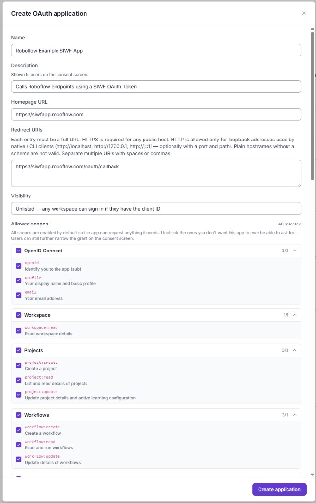 Create OAuth application form